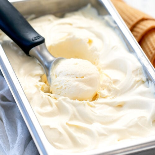 Bowl of 2-ingredient no-churn vanilla ice cream.