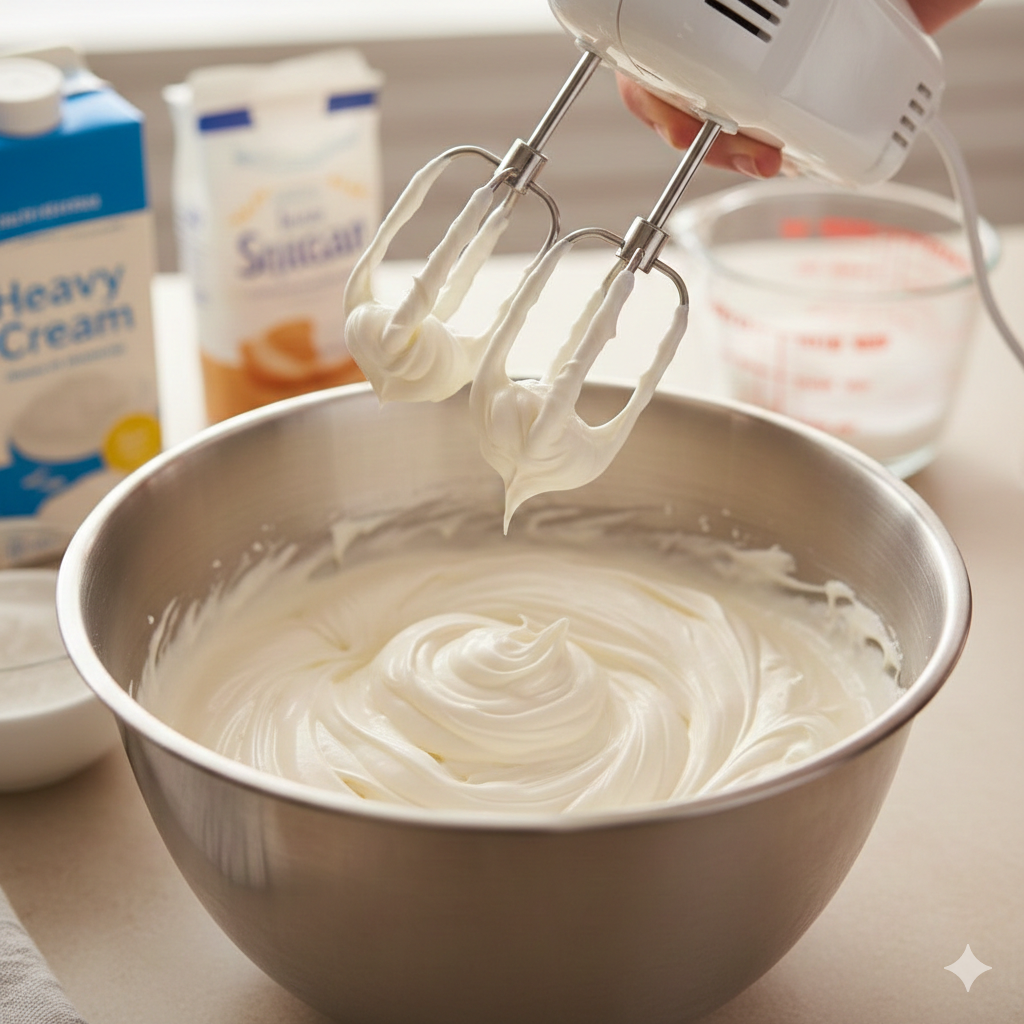 Whipping heavy cream into soft peaks for homemade ice cream.