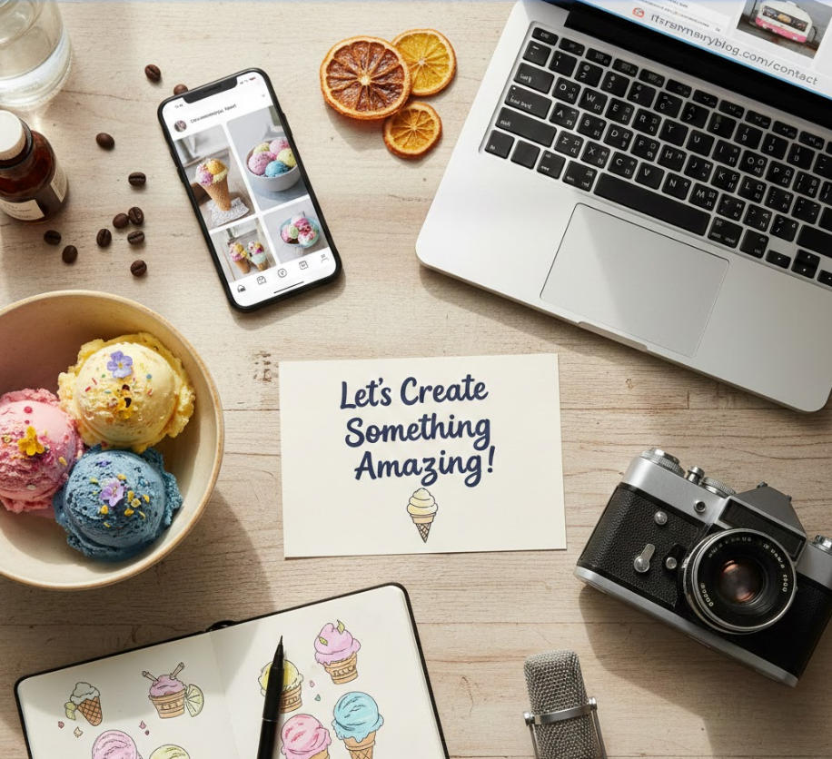 Ice cream scoops and blogging accessories on a desk for The Creamery Blog contact page.